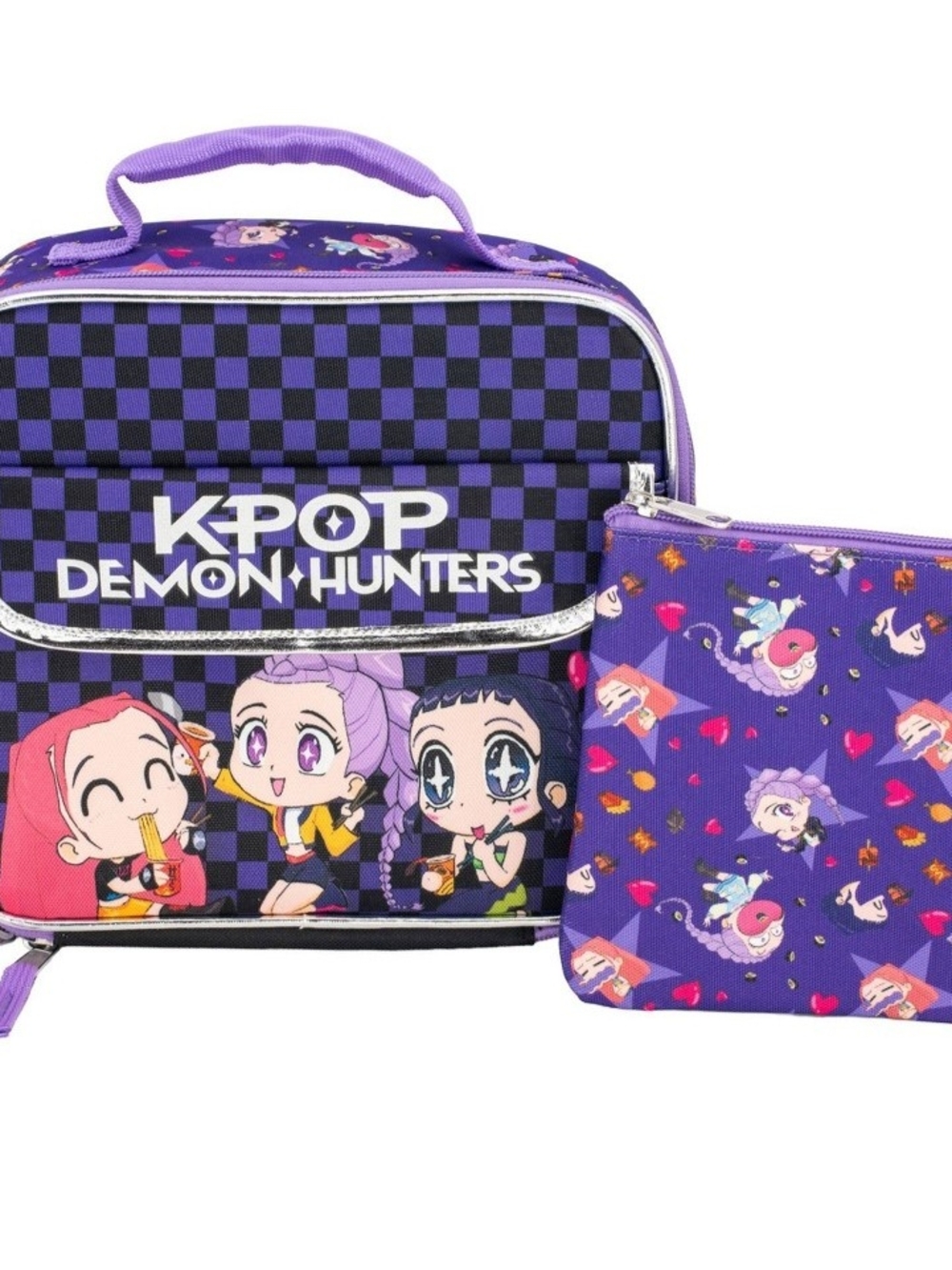 NEW Authentic K-POP Demon Hunters Purple Checkerboard Lunch Bag Set